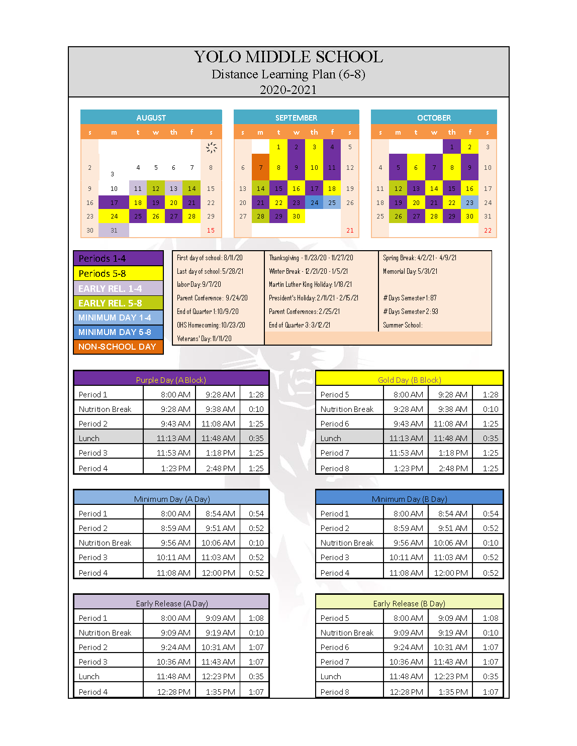 Distance Learning Calendar and Schedule