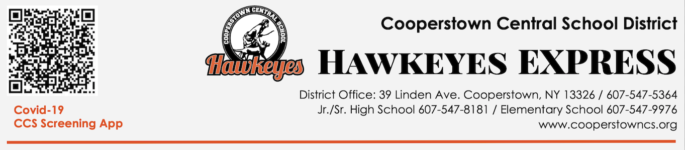 Hawkeyes Express newsletters logo header and QR Code